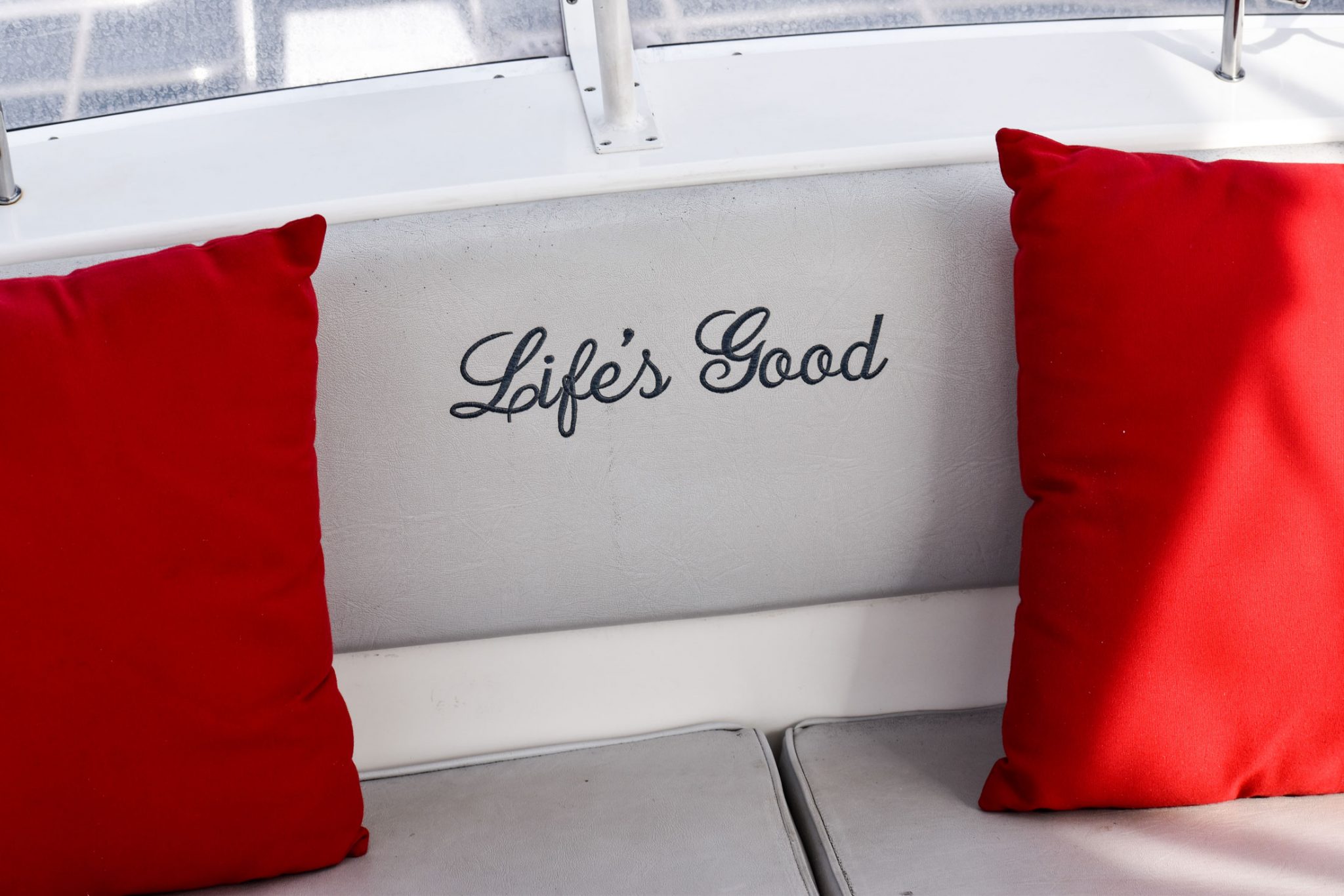 Life's Good embroidered seating detail
